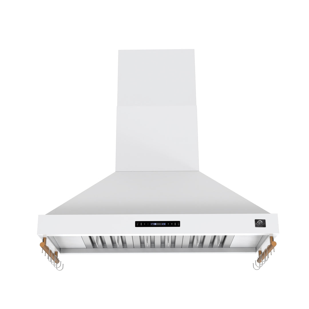 Forno Venezia 48 Inch Wall-Mounted Range Hood in White with Antique Brass Accessories, Touch Controls and Baffle Filters