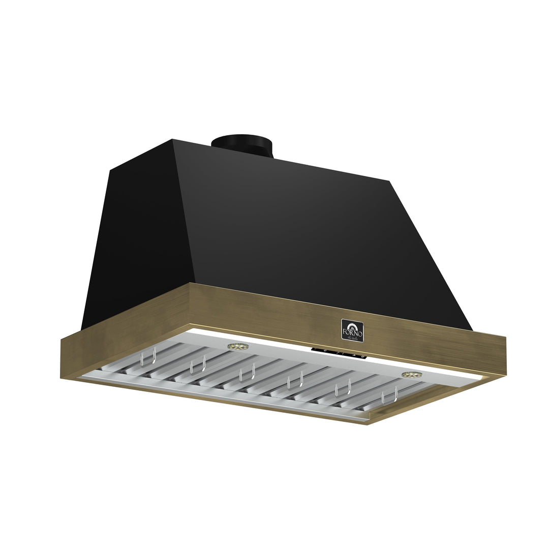 Forno Vittorio 36-Inch Wall Mount Range Hood, Black with Antique Brass Trim, 424 CFM Airflow, Dishwasher-Safe Baffle Filters, Remote Control, 3-Speed Fan, Bright LED Lighting.