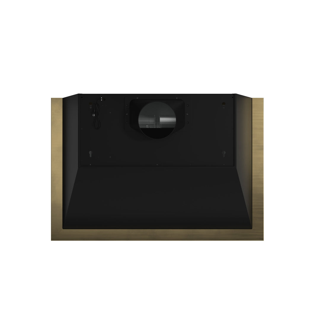 Forno Vittorio 36-Inch Wall Mount Range Hood, Black with Antique Brass Trim, 424 CFM Airflow, Dishwasher-Safe Baffle Filters, Remote Control, 3-Speed Fan, Bright LED Lighting.