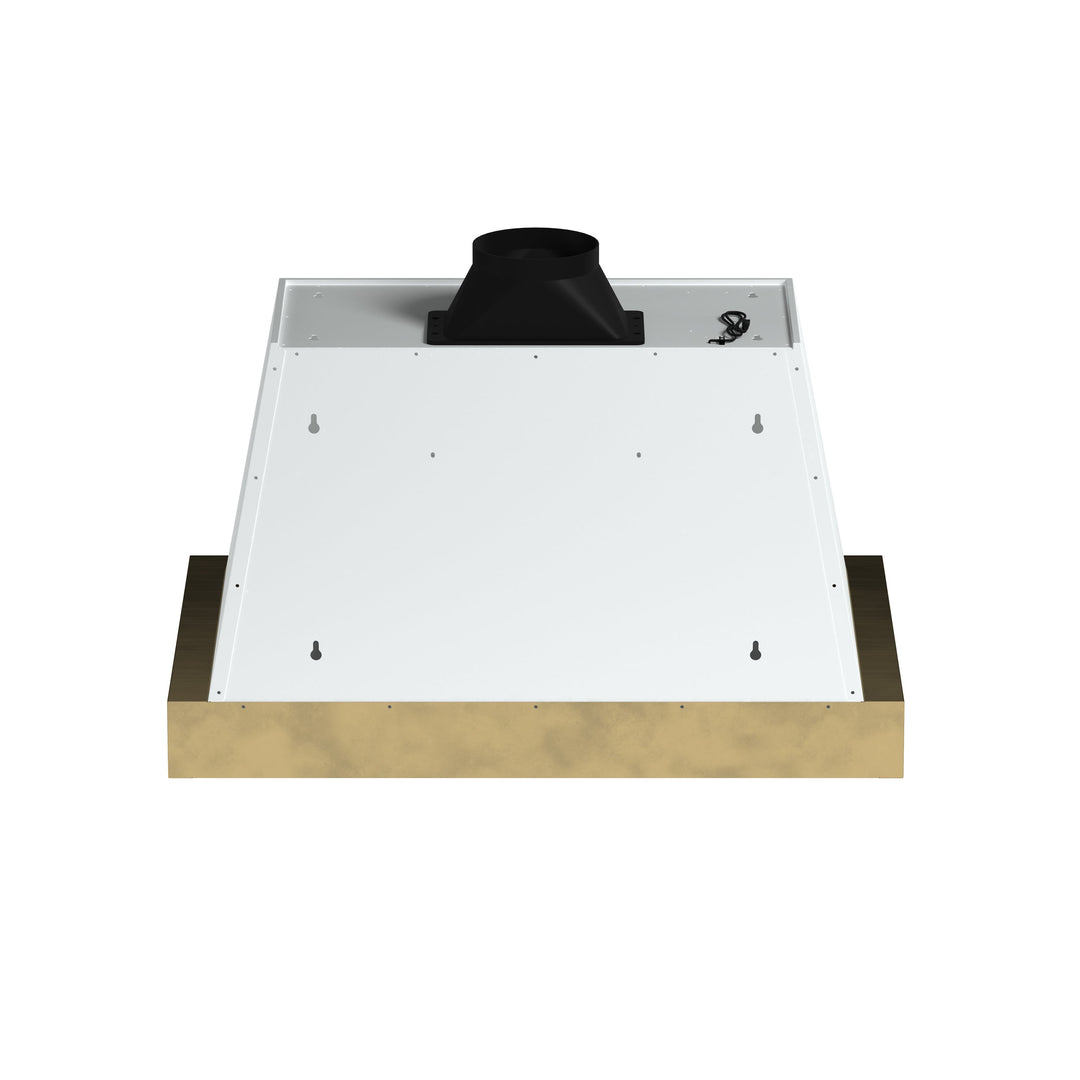 Forno Vittorio 36-Inch Wall Mount Range Hood, White with Antique Brass Trim, 424 CFM Airflow, Dishwasher-Safe Baffle Filters, Remote Control, 3-Speed Fan, Bright LED Lighting.