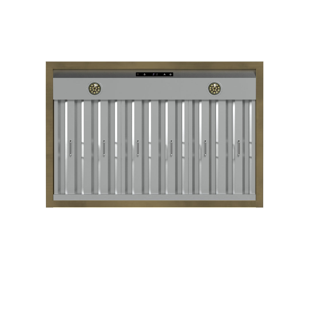 Forno Vittorio 36-Inch Wall Mount Range Hood, White with Antique Brass Trim, 424 CFM Airflow, Dishwasher-Safe Baffle Filters, Remote Control, 3-Speed Fan, Bright LED Lighting.