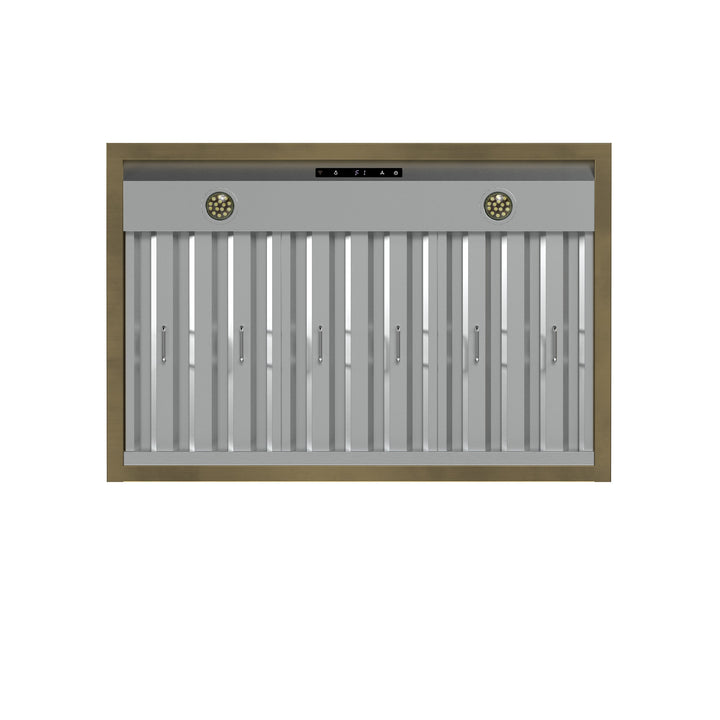Forno Vittorio 36-Inch Wall Mount Range Hood, White with Antique Brass Trim, 424 CFM Airflow, Dishwasher-Safe Baffle Filters, Remote Control, 3-Speed Fan, Bright LED Lighting.