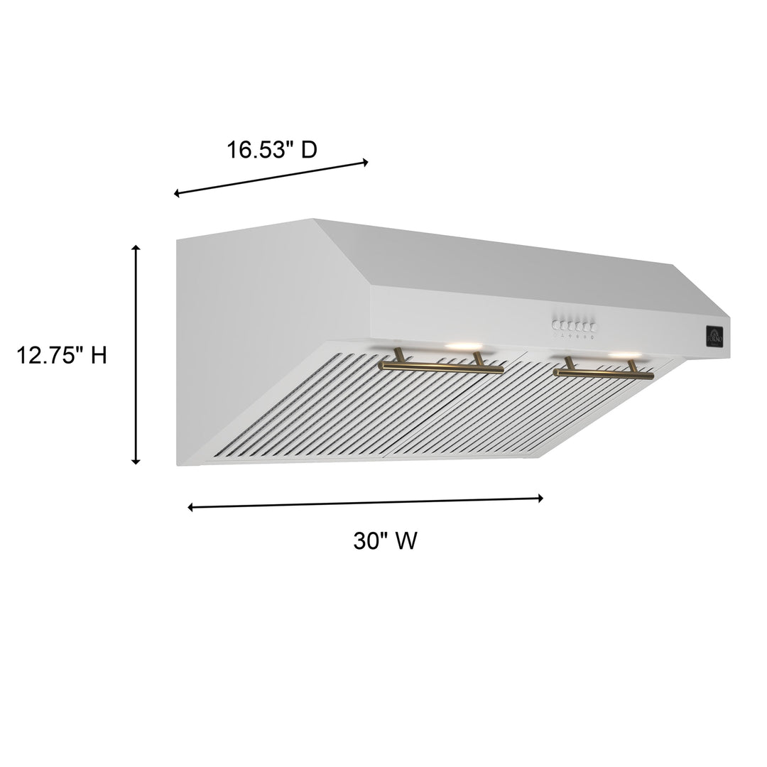 Forno Bari Espresso 30-Inch Under Cabinet Range Hood, White, 600 CFM, LED Lighting, Dishwasher-Safe Baffle Filters, 3-Speed Fan Control