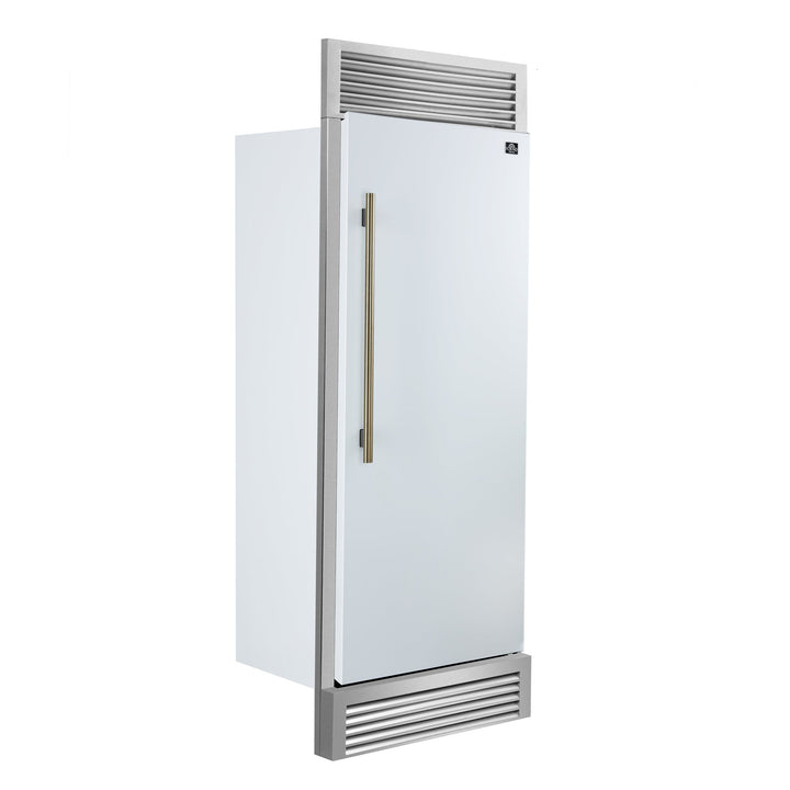 Forno Maderno 28-Inch Built-In Convertible Refrigerator in White with Antique Brass Handle, 13.6 cu.ft. Right Swing with Decorative Trim - 32-Inch Wide