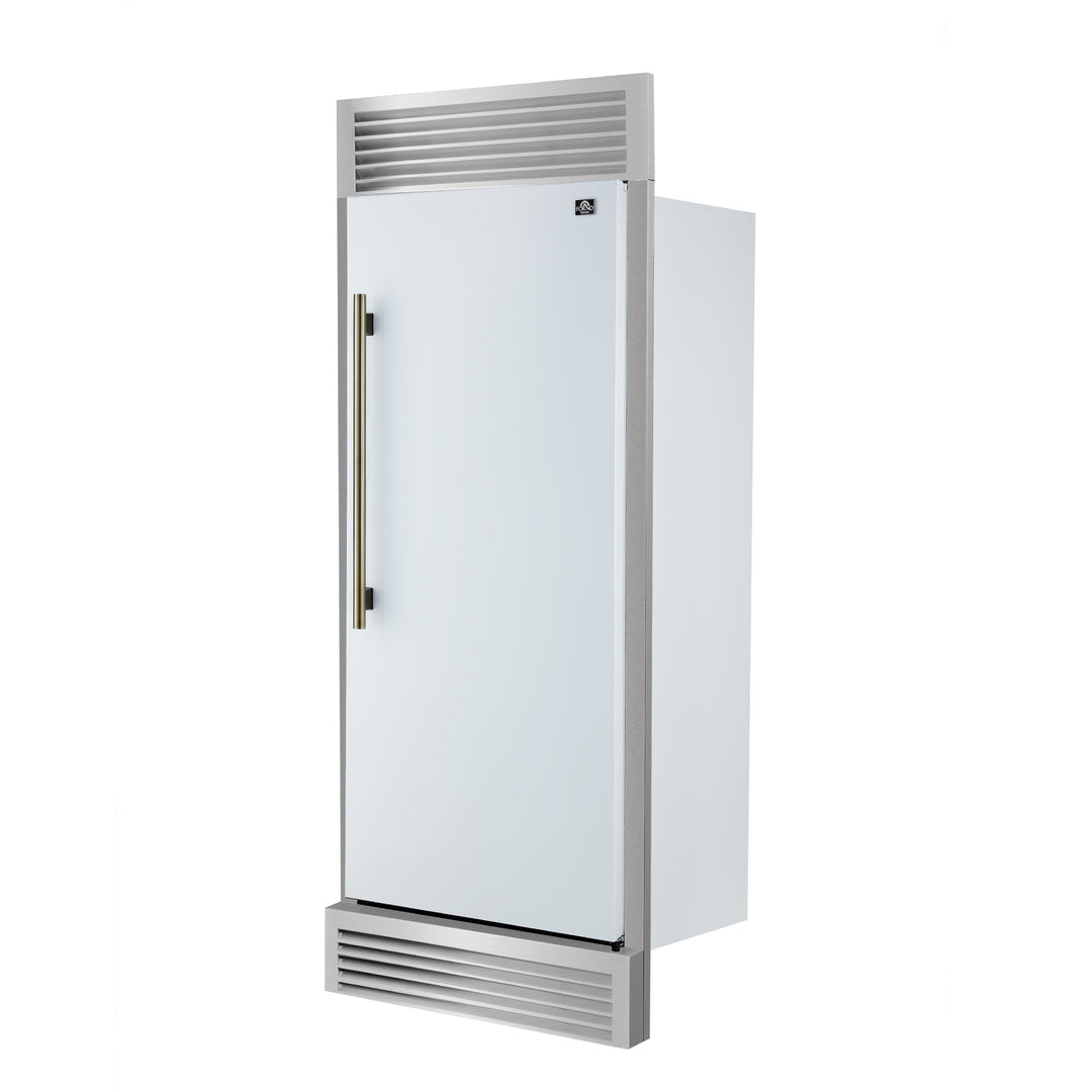 Forno Maderno 28-Inch Built-In Convertible Refrigerator in White with Antique Brass Handle, 13.6 cu.ft. Right Swing with Decorative Trim - 32-Inch Wide
