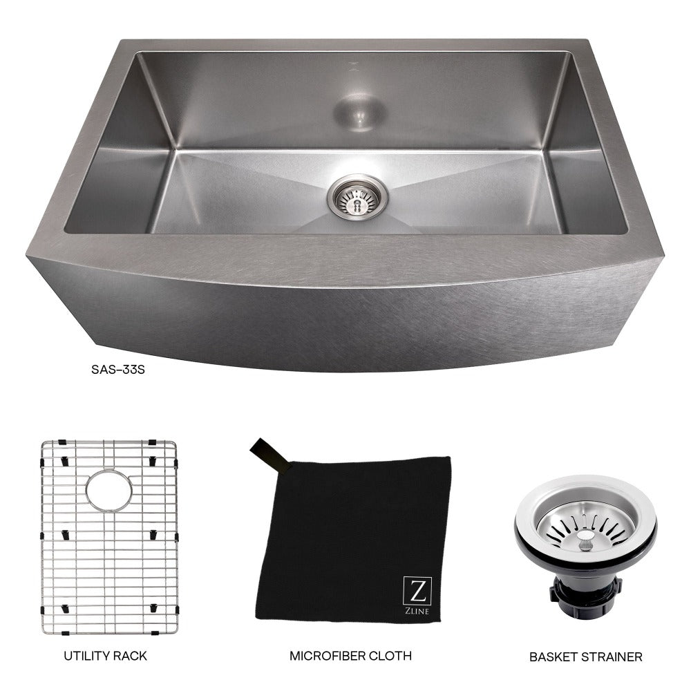 ZLINE 33 in. Vail Farmhouse Apron Mount Single Bowl Stainless Steel Kitchen Sink with Bottom Grid (SAS-33)