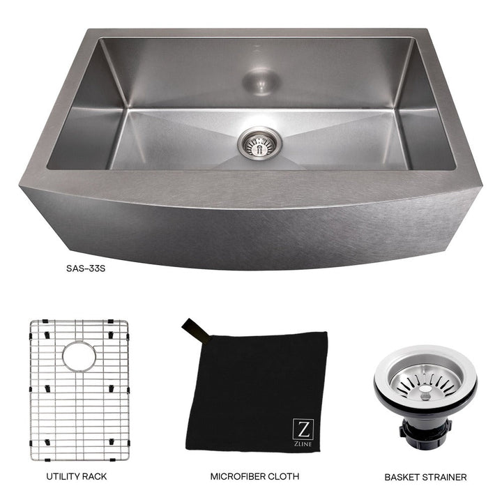 ZLINE 33 in. Vail Farmhouse Apron Mount Single Bowl Stainless Steel Kitchen Sink with Bottom Grid (SAS-33)