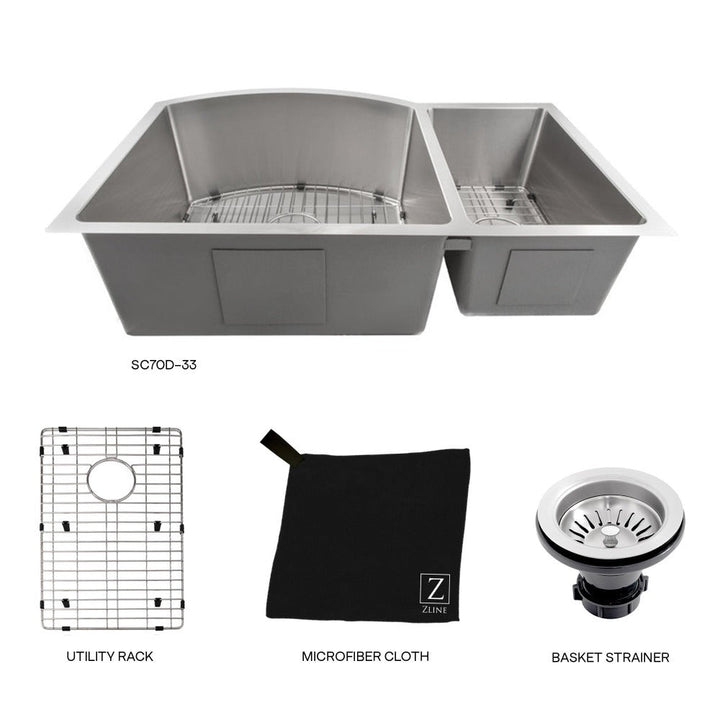 ZLINE Cortina 33 in. Undermount Double Bowl Stainless Steel Kitchen Sink with Bottom Grid (SC70D-33)