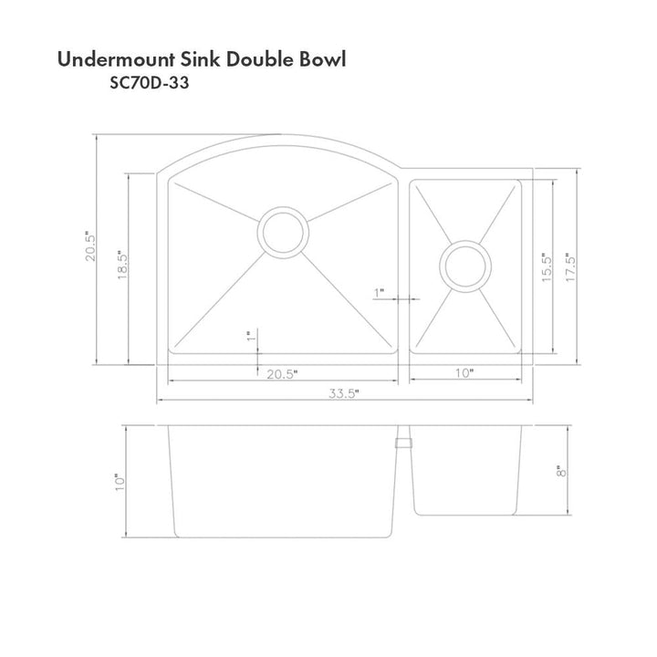 ZLINE Cortina 33 in. Undermount Double Bowl Stainless Steel Kitchen Sink with Bottom Grid (SC70D-33)