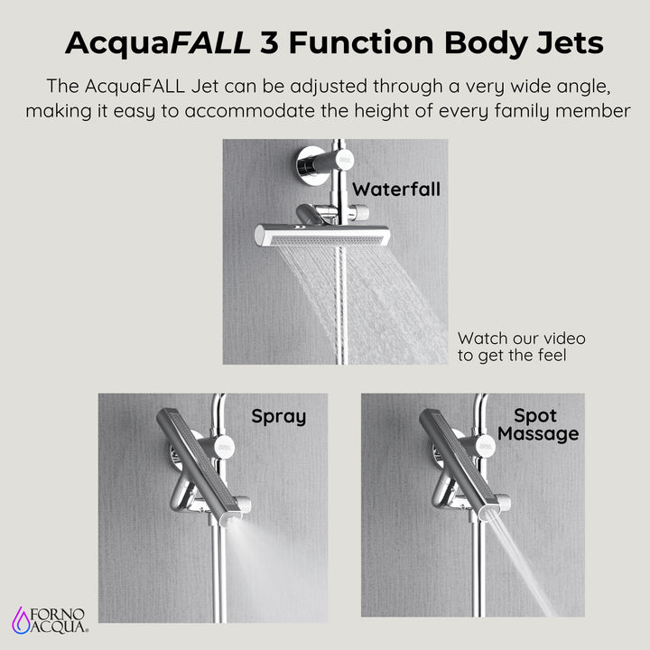 Forno Acqua AcquaFALL Shower, Brushed Nickel Finish, Overhead Rainfall Shower, 7 Way Diverter, Handheld Shower Head, Body Jets, 1.8 GPM Flow Rate