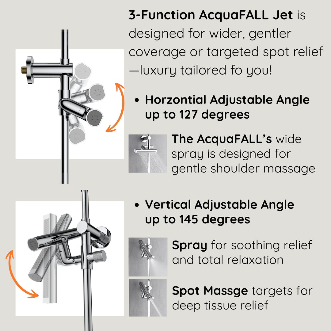 Forno Acqua AcquaFALL Shower, Polished Stainless Steel Finish, Overhead Rainfall Shower, 7 Way Diverter, Handheld Shower Head, Body Jets, 2.5 GPM Flow Rate