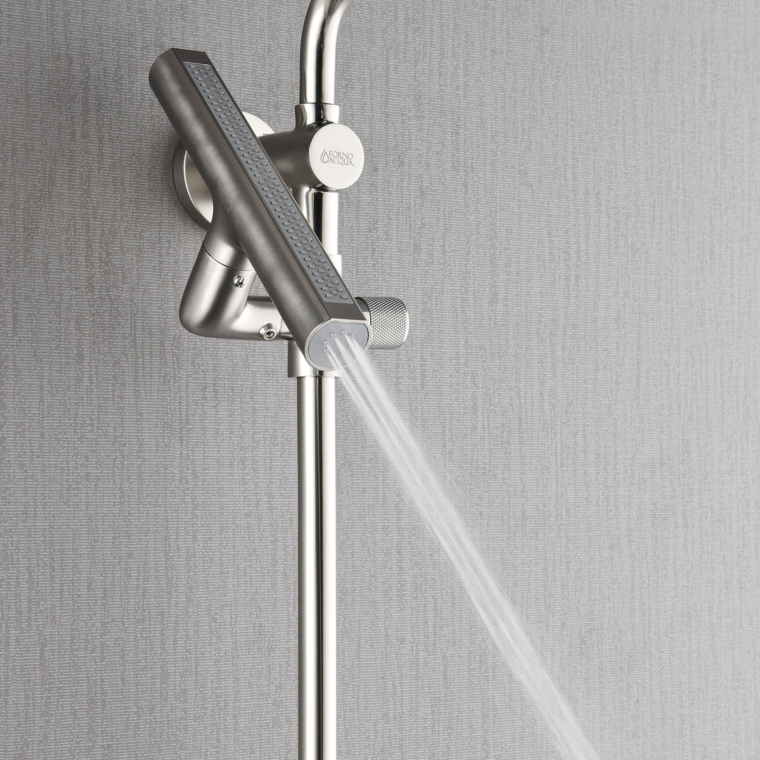 Forno Acqua AcquaFALL Shower, Brushed Nickel Finish, Overhead Rainfall Shower, 7 Way Diverter, Handheld Shower Head, Body Jets, 1.8 GPM Flow Rate