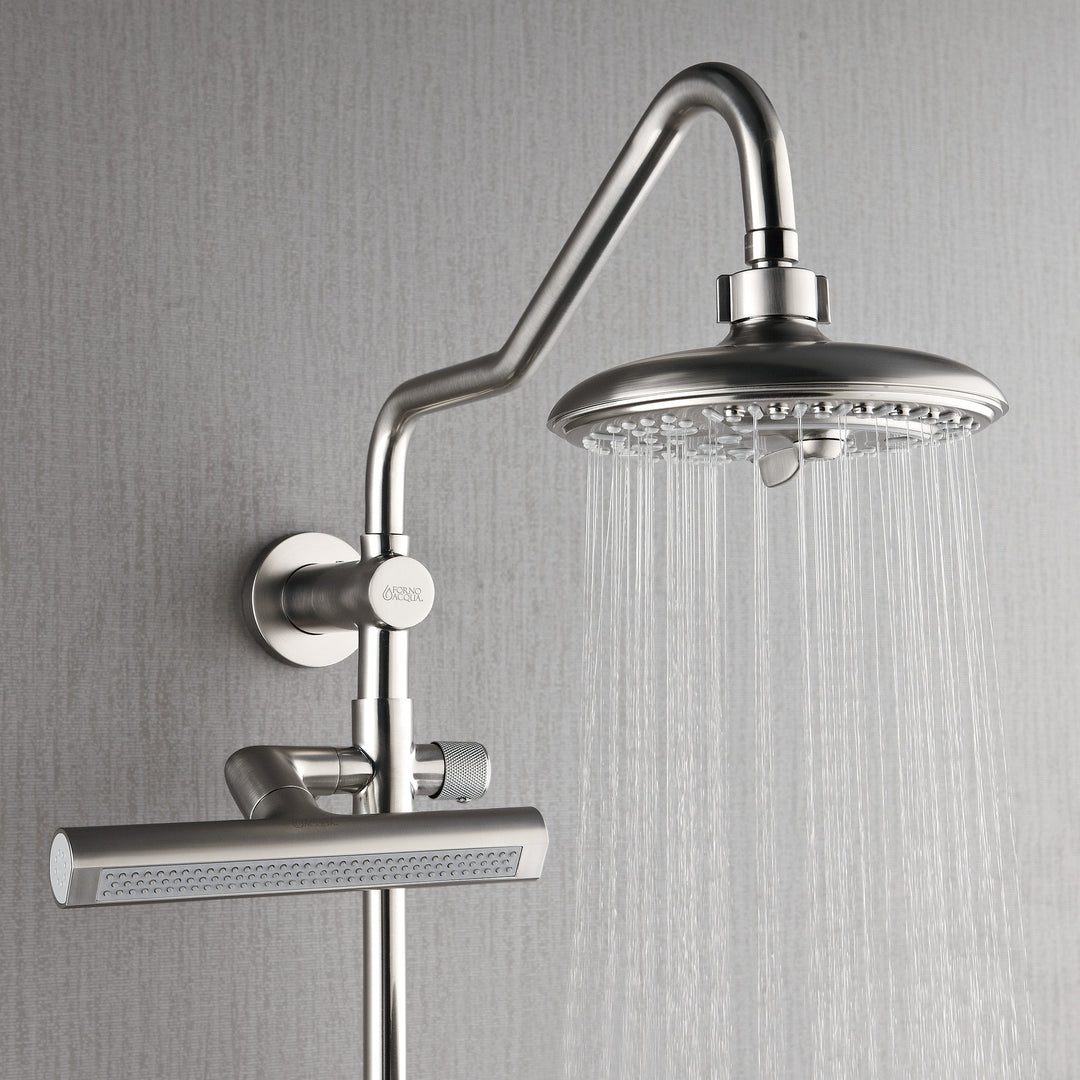Forno Acqua AcquaFALL Shower, Brushed Nickel Finish, Overhead Rainfall Shower, 7 Way Diverter, Handheld Shower Head, Body Jets, 1.8 GPM Flow Rate