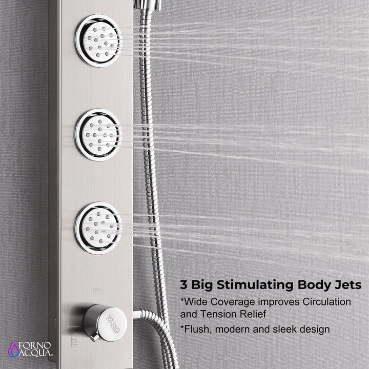 Forno Acqua AcquaSPA Shower Panel in Stainless Steel, Overhead Rainfall Shower, Handheld Shower Head, Body Jets, 6 Way Diverter, 2.5 GPM Flow Rate
