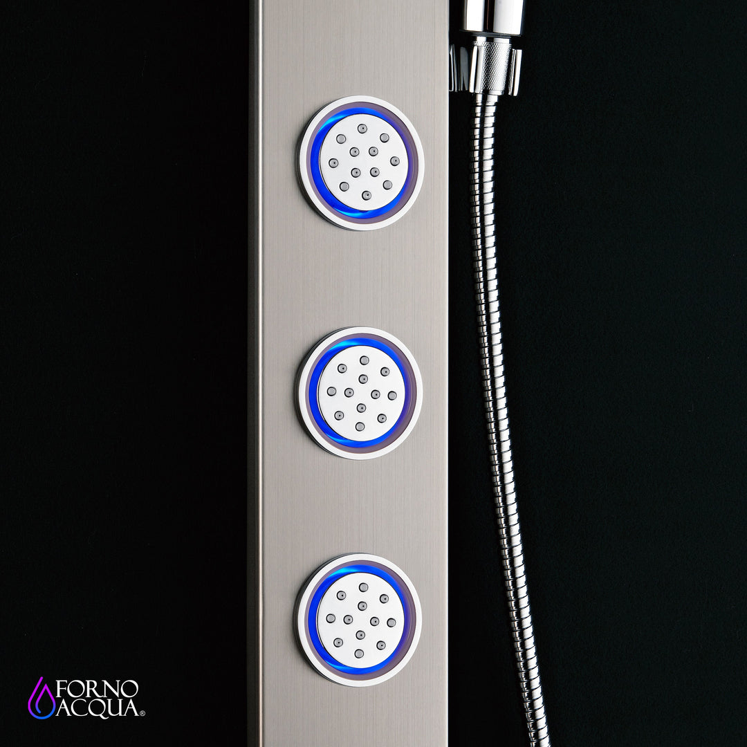Forno Acqua AcquaSpa Shower Panel with SensoTemp, Stainless Steel, Overhead Rainfall Shower, Handheld Shower Head, Body Jets, 2.5 GPM Flow Rate