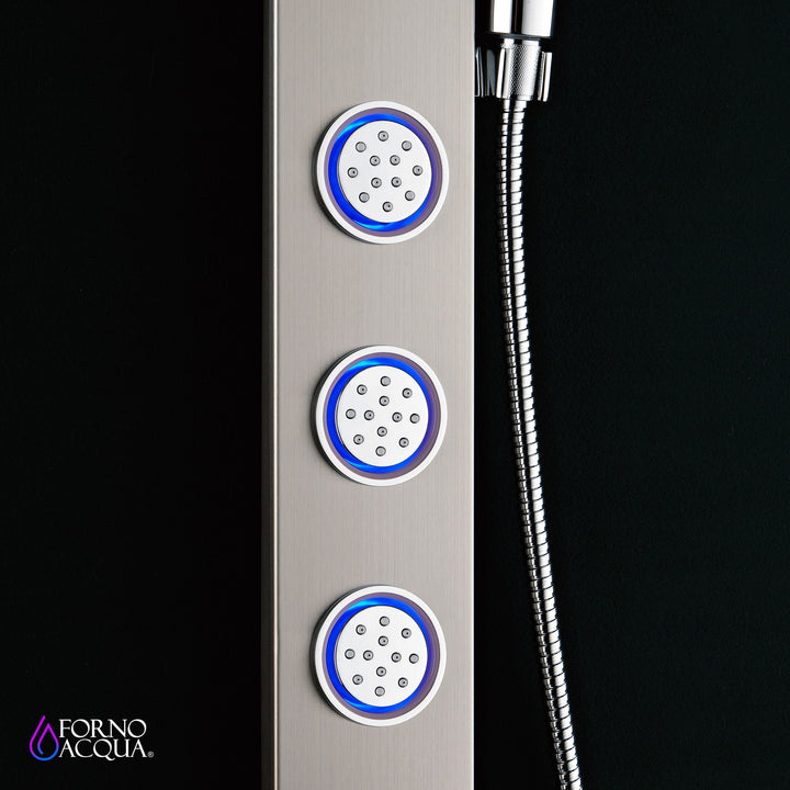 Forno Acqua AcquaSpa Shower Panel with SensoTemp, Stainless Steel, Overhead Rainfall Shower, Handheld Shower Head, Body Jets, 2.5 GPM Flow Rate