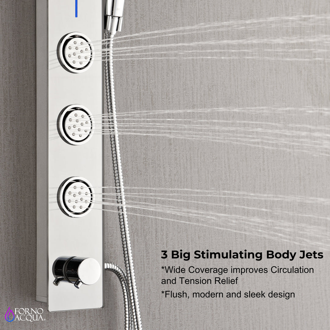 Forno Acqua AcquaSPA Shower Panel with SensoTEMP, Mirrored Stainless Steel Finish, Overhead Rainfall Shower, Handheld Shower Head, Body Jets, 2.5 GPM Flow Rate