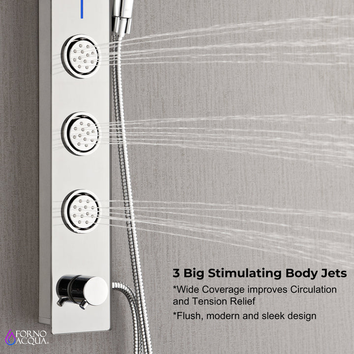 Forno Acqua AcquaSPA Shower Panel with SensoTEMP, Mirrored Stainless Steel Finish, Overhead Rainfall Shower, Handheld Shower Head, Body Jets, 2.5 GPM Flow Rate