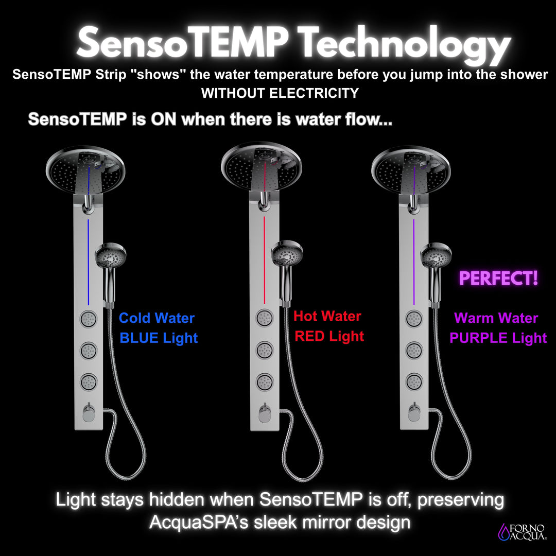 Forno Acqua AcquaSPA Shower Panel with SensoTEMP, Mirrored Stainless Steel Finish, Overhead Rainfall Shower, Handheld Shower Head, Body Jets, 1.8 GPM Flow Rate