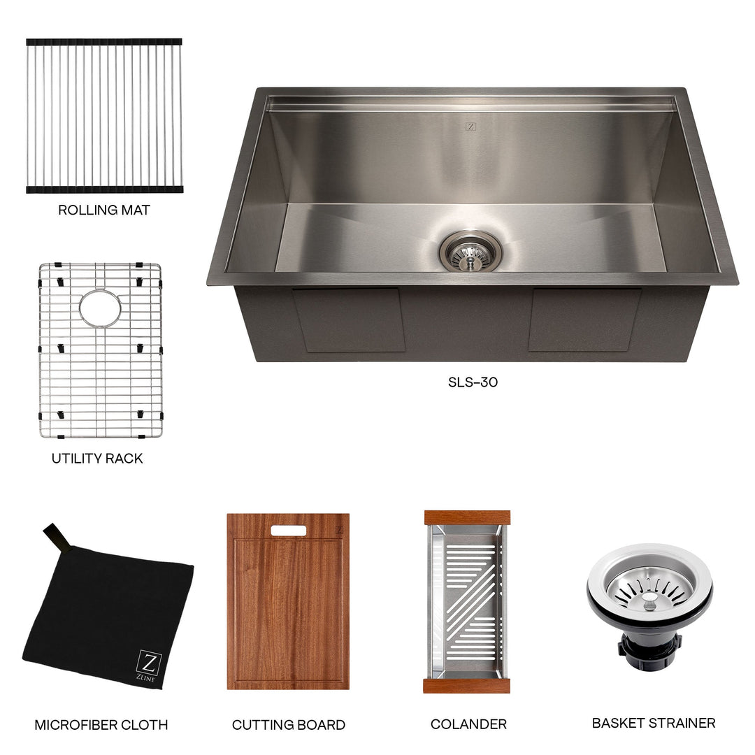 ZLINE 30 in. Garmisch Undermount Single Bowl Stainless Steel Kitchen Sink with Bottom Grid and Accessories, SLS-30