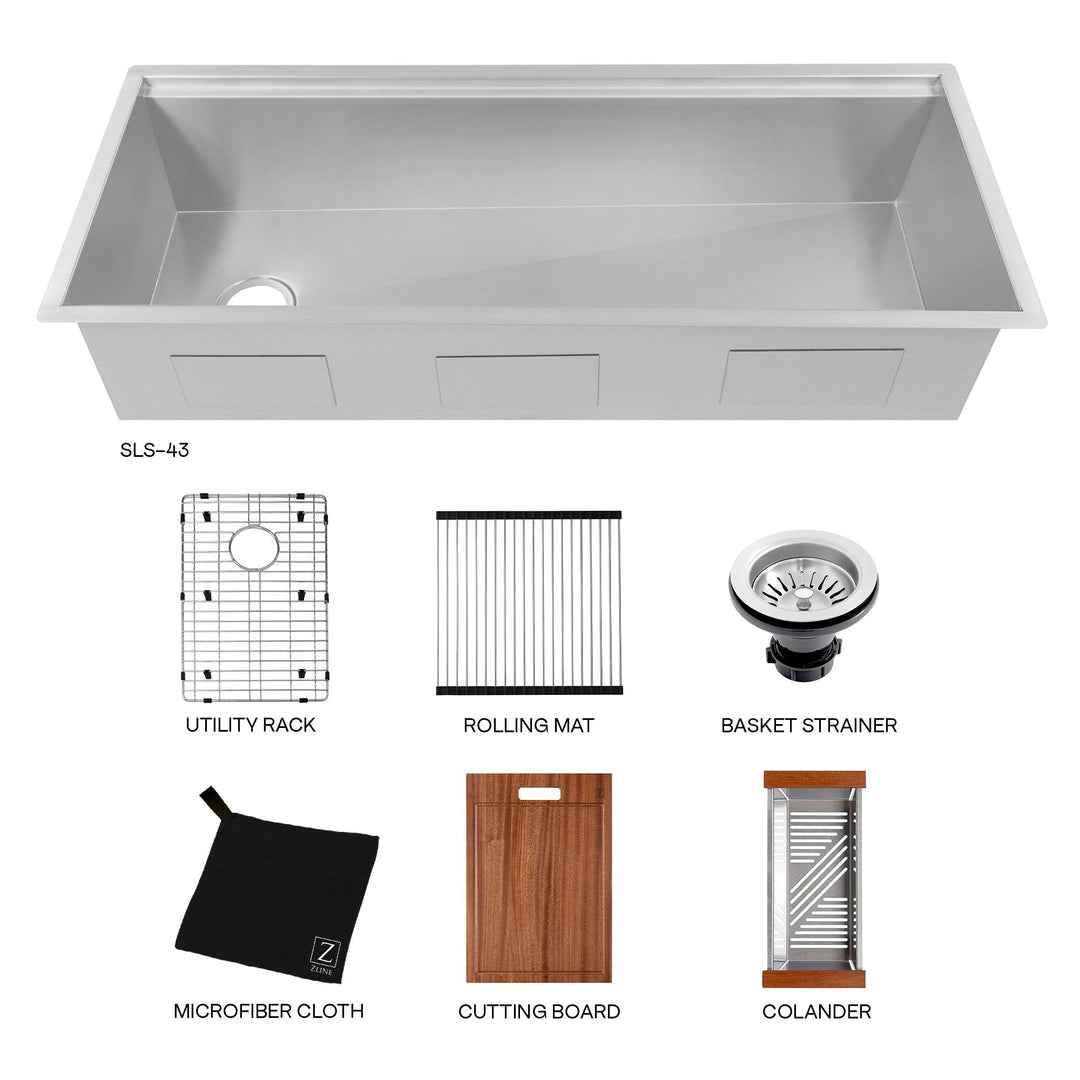 ZLINE 43 in. Garmisch Undermount Single Bowl DuraSnow® Stainless Steel Kitchen Sink with Bottom Grid and Accessories, SLS-43S