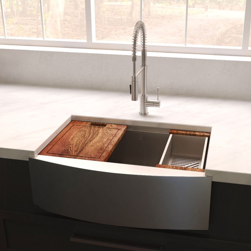 ZLINE 33 in. Moritz Farmhouse Apron Mount Single Bowl Stainless Steel Kitchen Sink with Bottom Grid and Accessories (SLSAP-33)
