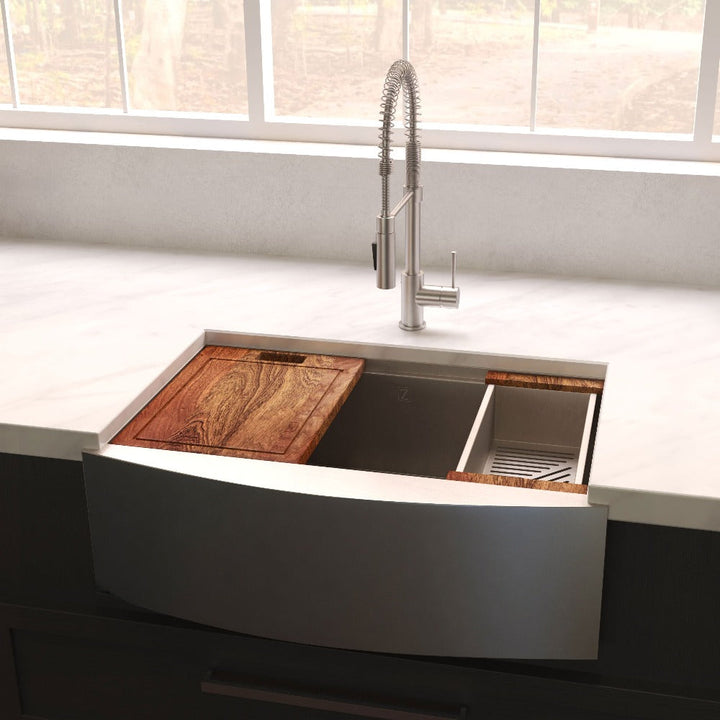 ZLINE 33 in. Moritz Farmhouse Apron Mount Single Bowl Stainless Steel Kitchen Sink with Bottom Grid and Accessories (SLSAP-33)