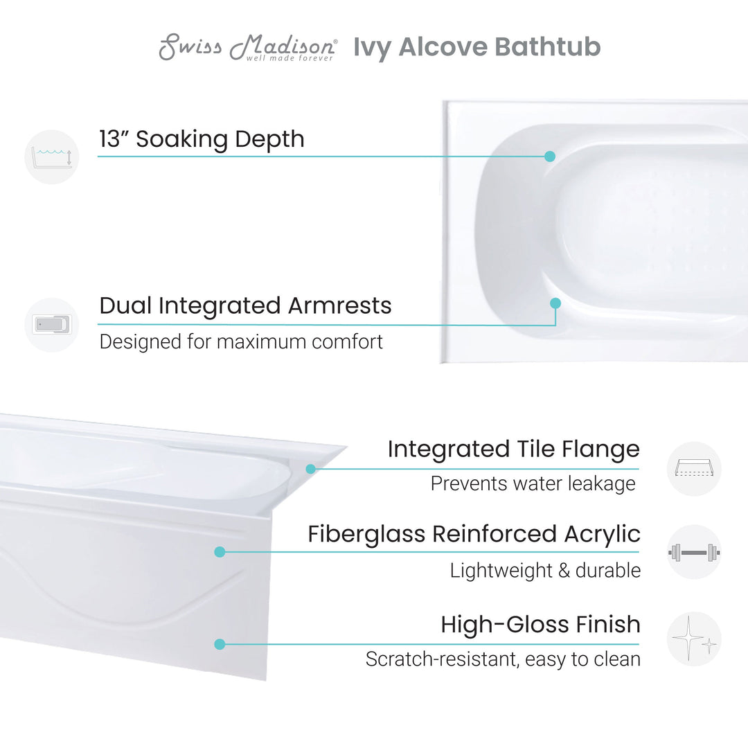 Ivy 60" x 30" Left-Hand Drain Alcove Bathtub with Apron