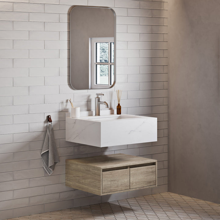 Avancer 24" Wall-Mounted Bathroom Vanity in Calacatta and White Oak