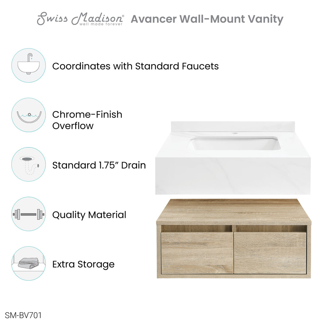 Avancer 24" Wall-Mounted Bathroom Vanity in Calacatta and White Oak