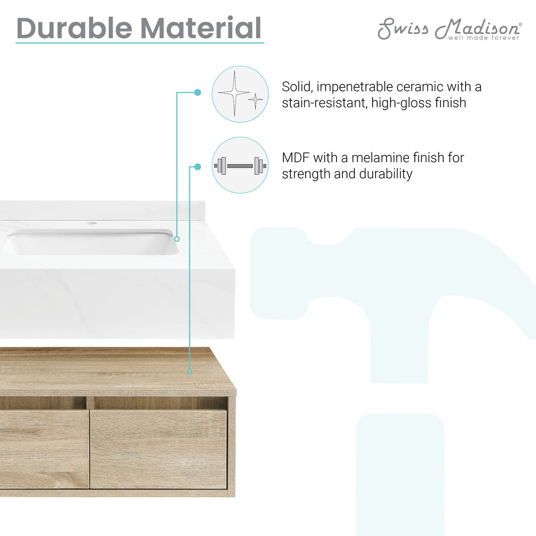 Avancer 24" Wall-Mounted Bathroom Vanity in Calacatta and White Oak