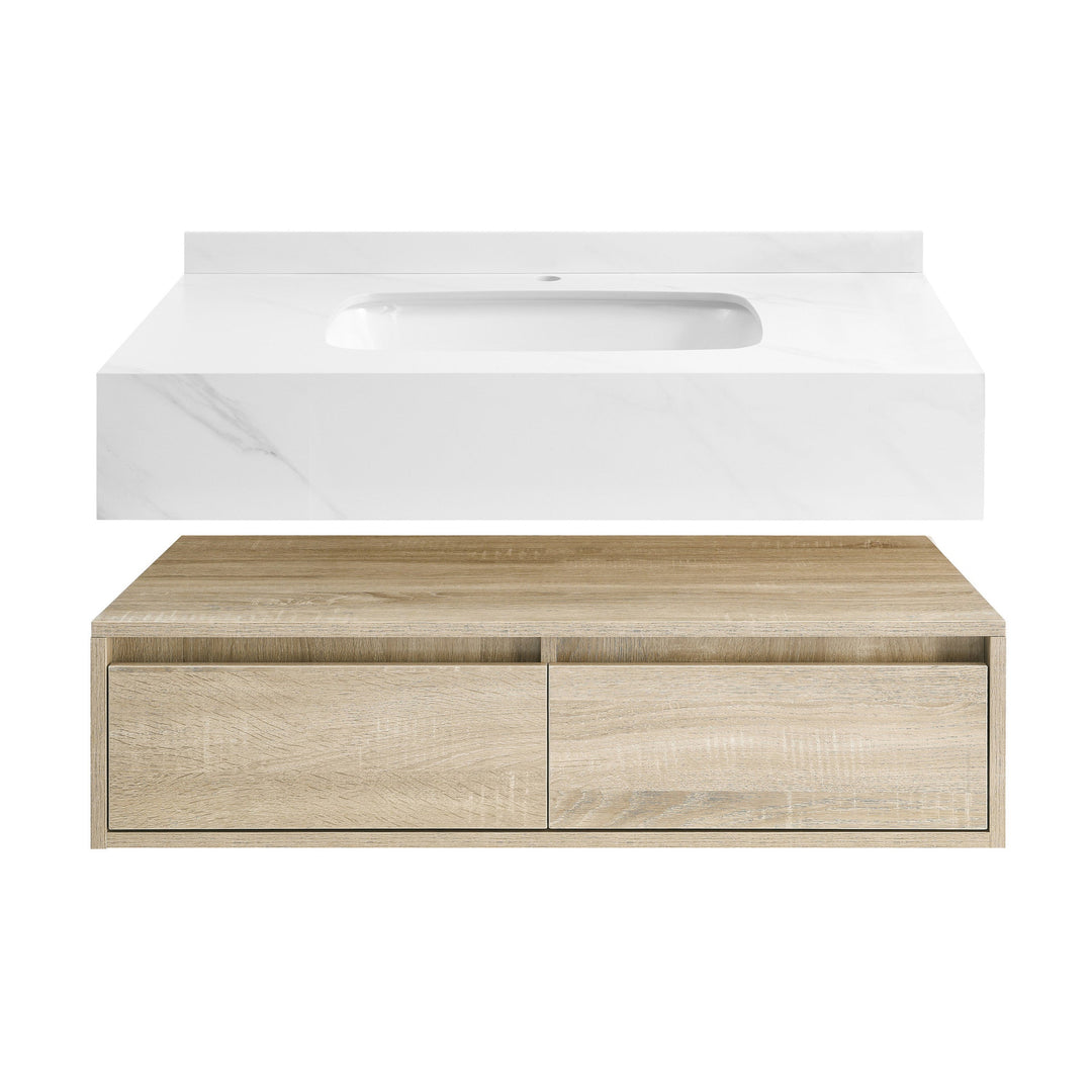 Avancer 36" Wall-Mounted Bathroom Vanity in Calacatta and White Oak