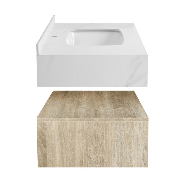 Avancer 36" Wall-Mounted Bathroom Vanity in Calacatta and White Oak