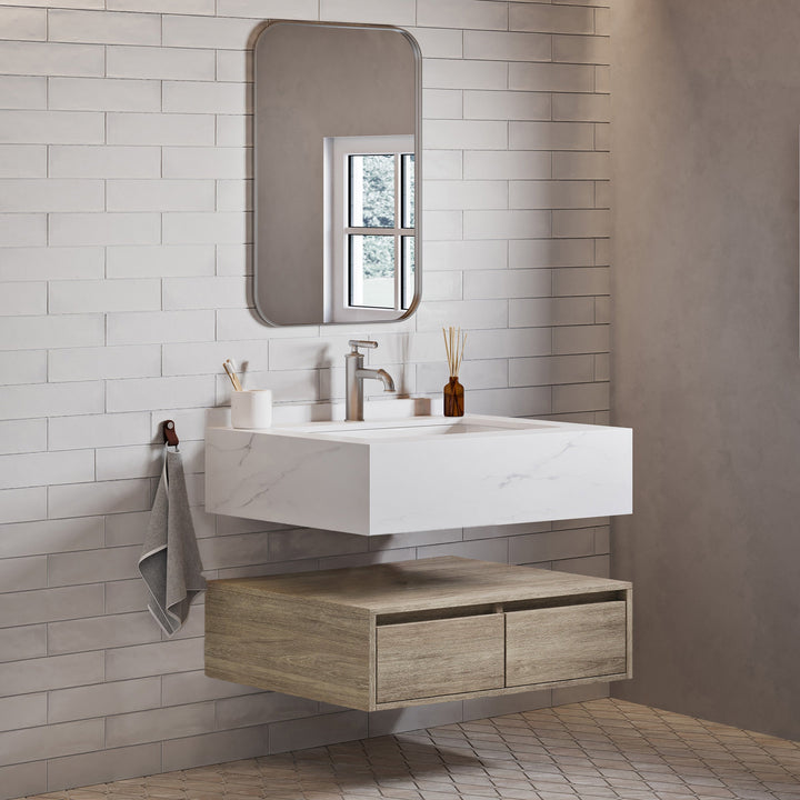 Avancer 36" Wall-Mounted Bathroom Vanity in Calacatta and White Oak