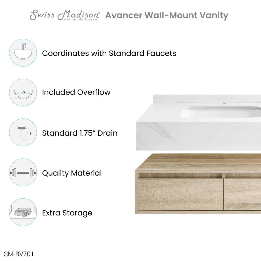 Avancer 36" Wall-Mounted Bathroom Vanity in Calacatta and White Oak