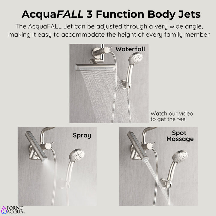 Forno Acqua AcquaFALL Mini Shower Head, Brushed Nickel Finish, Overhead Rainfall Shower, 7 Way Diverter, Handheld Shower Head, Body Jets, 2.5 GPM Flow Rate