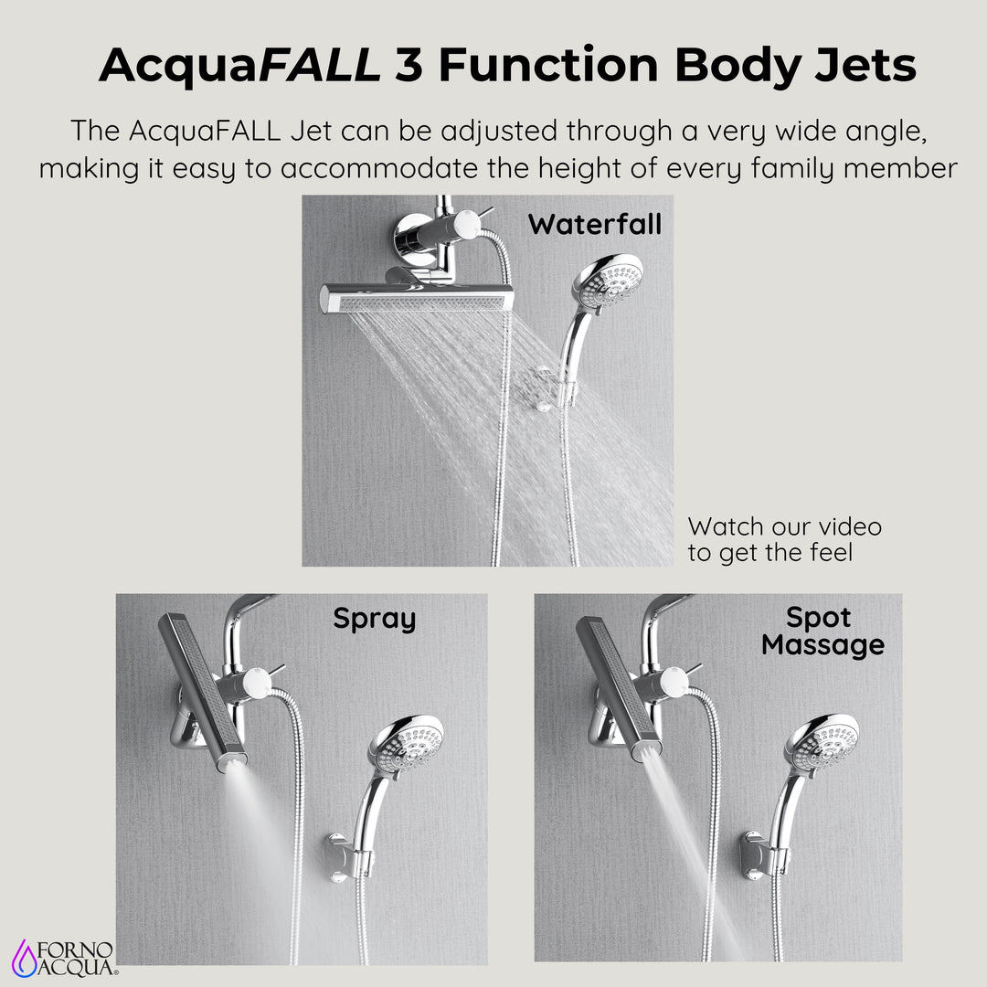 Forno Acqua AcquaFALL Mini Shower Head, Polished Stainless Steel Finish, Overhead Rainfall Shower, 7 Way Diverter, Handheld Shower Head, Body Jets, 1.8 GPM Flow Rate