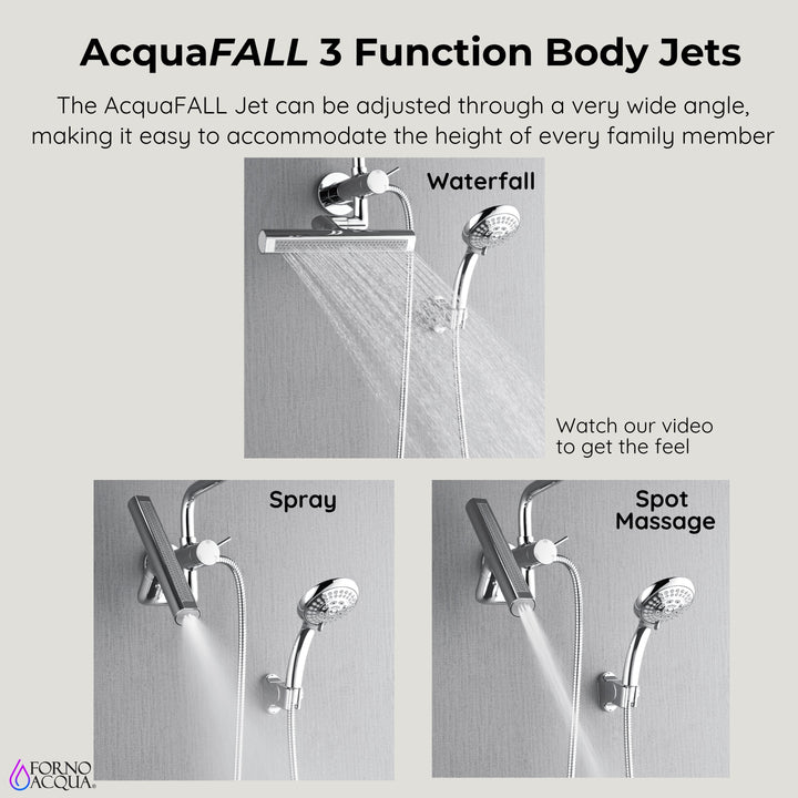 Forno Acqua AcquaFALL Mini Shower Head, Polished Stainless Steel Finish, Overhead Rainfall Shower, 7 Way Diverter, Handheld Shower Head, Body Jets, 2.5 GPM Flow Rate