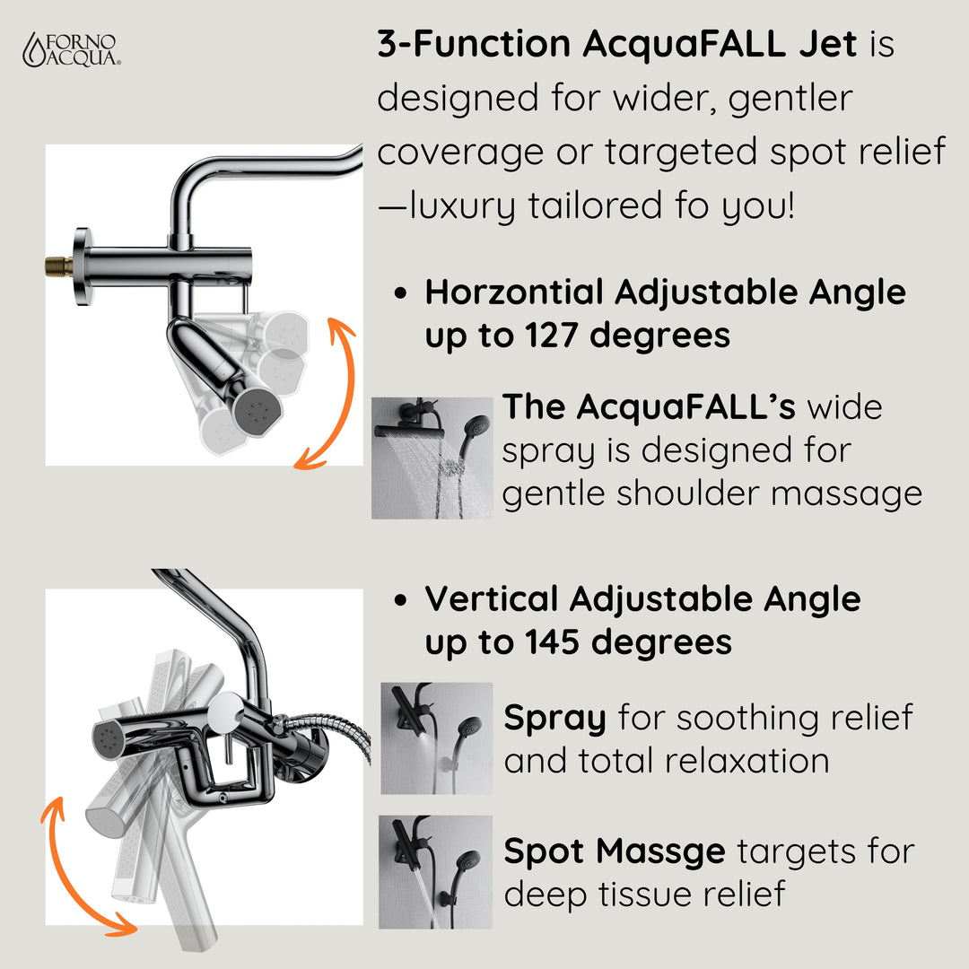Forno Acqua AcquaFALL Mini 8 Inch Shower Head, Matte Black Finish, Overhead Rainfall Shower, Handheld Shower Head, Body Jets, 1.8 GPM Flow Rate