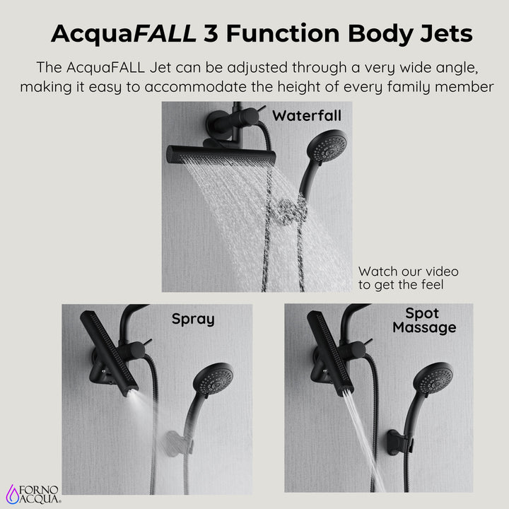 Forno Acqua AcquaFALL Mini 8 Inch Shower Head, Matte Black Finish, Overhead Rainfall Shower, Handheld Shower Head, Body Jets, 1.8 GPM Flow Rate