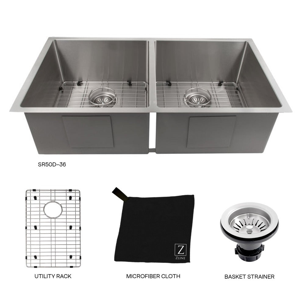 ZLINE 36 in. Anton Undermount Double Bowl Stainless Steel Kitchen Sink with Bottom Grid (SR50D-36)