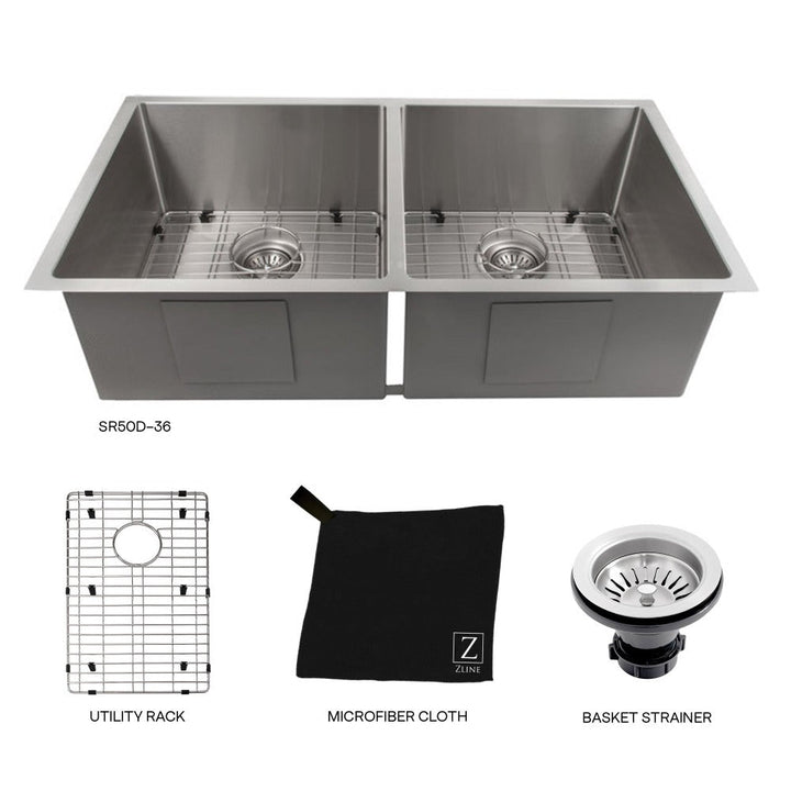 ZLINE 36 in. Anton Undermount Double Bowl Stainless Steel Kitchen Sink with Bottom Grid (SR50D-36)