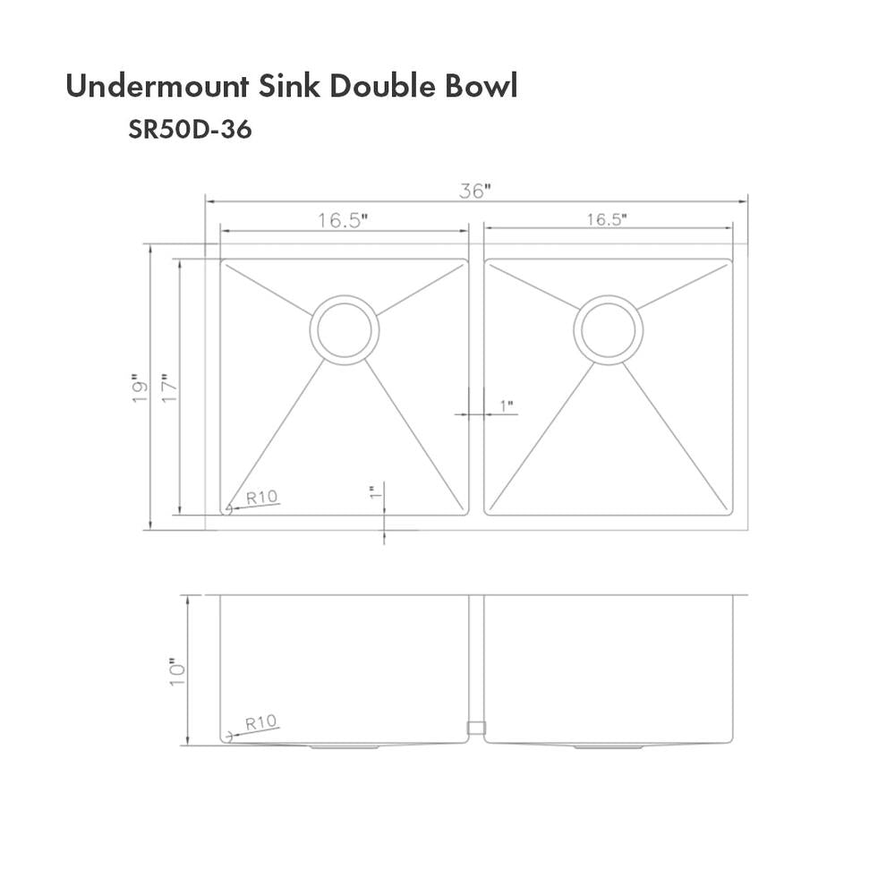 ZLINE 36 in. Anton Undermount Double Bowl Stainless Steel Kitchen Sink with Bottom Grid (SR50D-36)