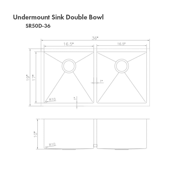 ZLINE 36 in. Anton Undermount Double Bowl Stainless Steel Kitchen Sink with Bottom Grid (SR50D-36)