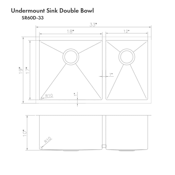 ZLINE 33 in. Chamonix Undermount Double Bowl Stainless Steel Kitchen Sink with Bottom Grid (SR60D-33)