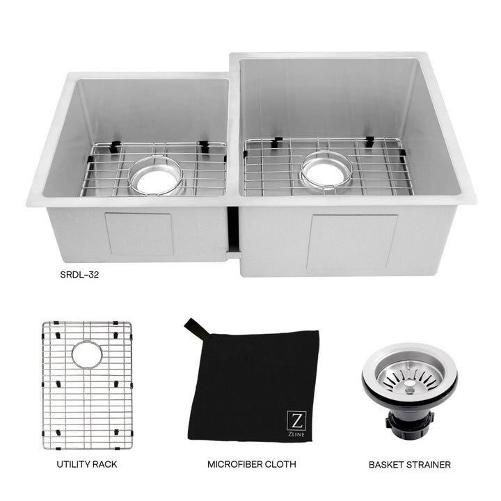 ZLINE 32 in. Jackson Undermount Double Bowl Stainless Steel Kitchen Sink with Bottom Grid (SRDL-32)