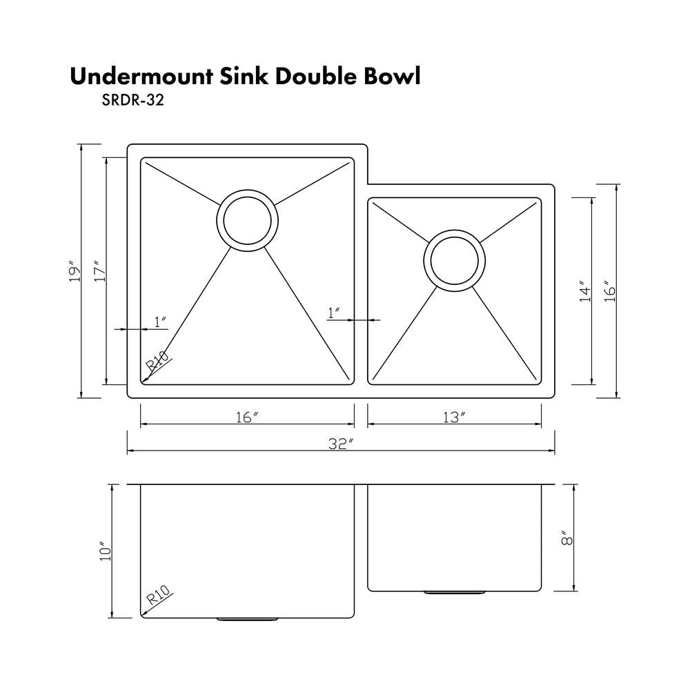 ZLINE 32 in. Jackson Undermount Double Bowl Stainless Steel Kitchen Sink with Bottom Grid (SRDR-32)