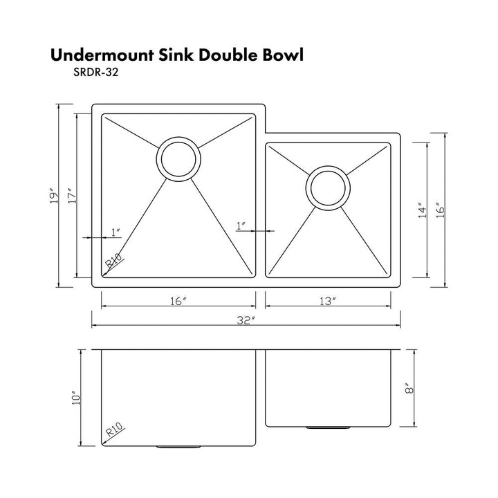 ZLINE 32 in. Jackson Undermount Double Bowl Stainless Steel Kitchen Sink with Bottom Grid (SRDR-32)