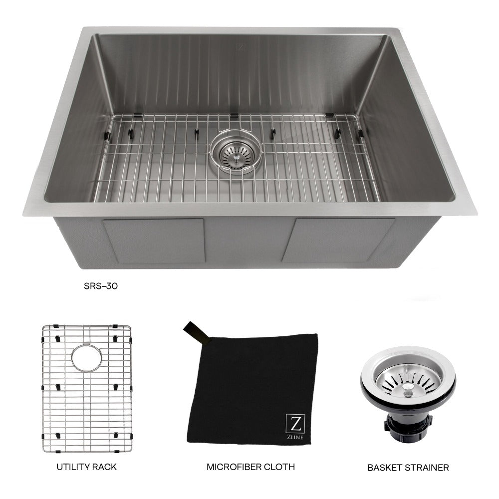 ZLINE 30 in. Meribel Undermount Single Bowl Stainless Steel Kitchen Sink with Bottom Grid (SRS-30)