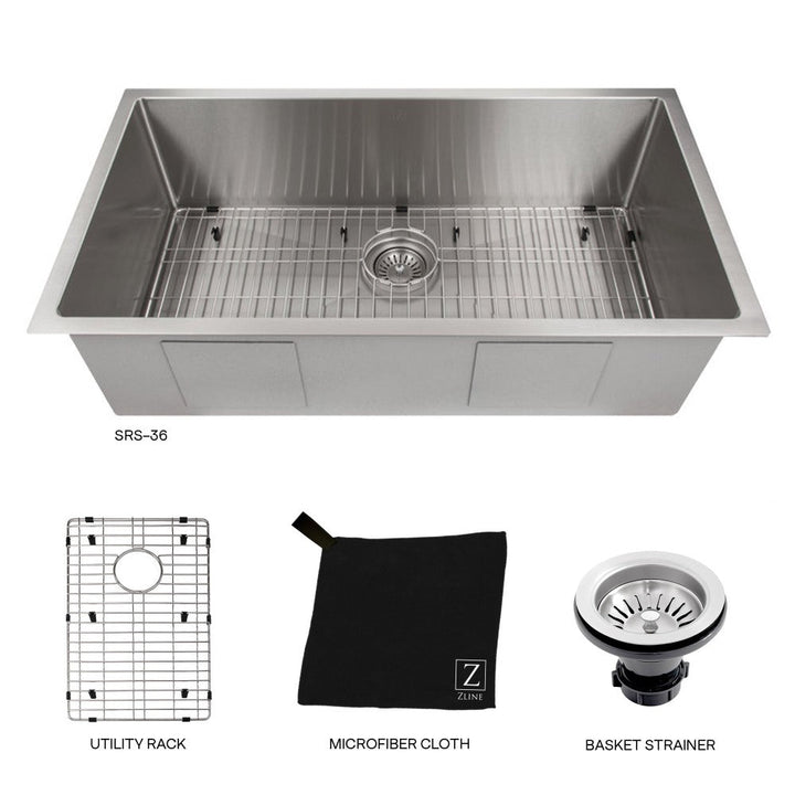 ZLINE 36 in. Meribel Undermount Single Bowl Stainless Steel Kitchen Sink with Bottom Grid (SRS-36)